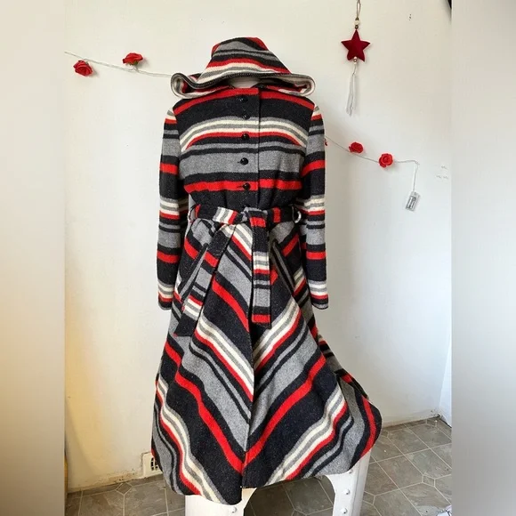 RARE Vintage 70’s Retro Boho Chevron Stripe Red Grey Black Wool Long Coat M L - Picture 7 of 10
